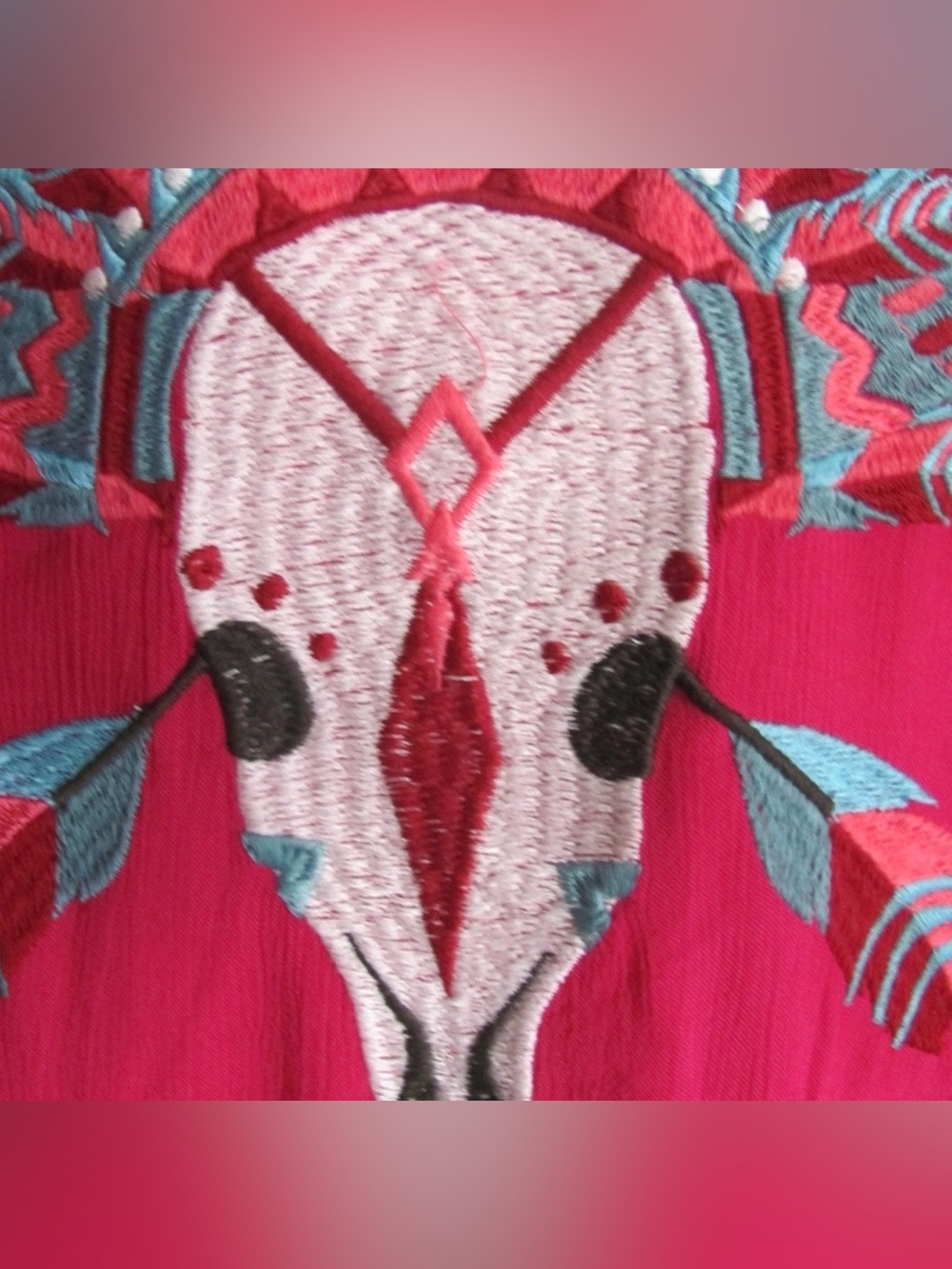 Roper Fuchsia Short Sleeve Cardigan with Skull & Feather Embroidery, Retail $65 - Picture 7 of 9